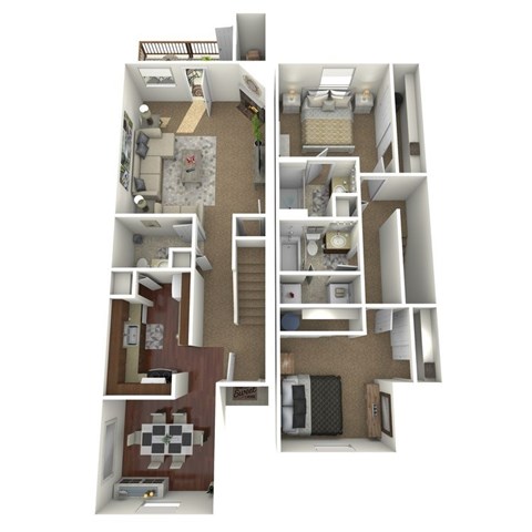 Floor plan for 2 beds, 2.5 baths, 1142 sqft